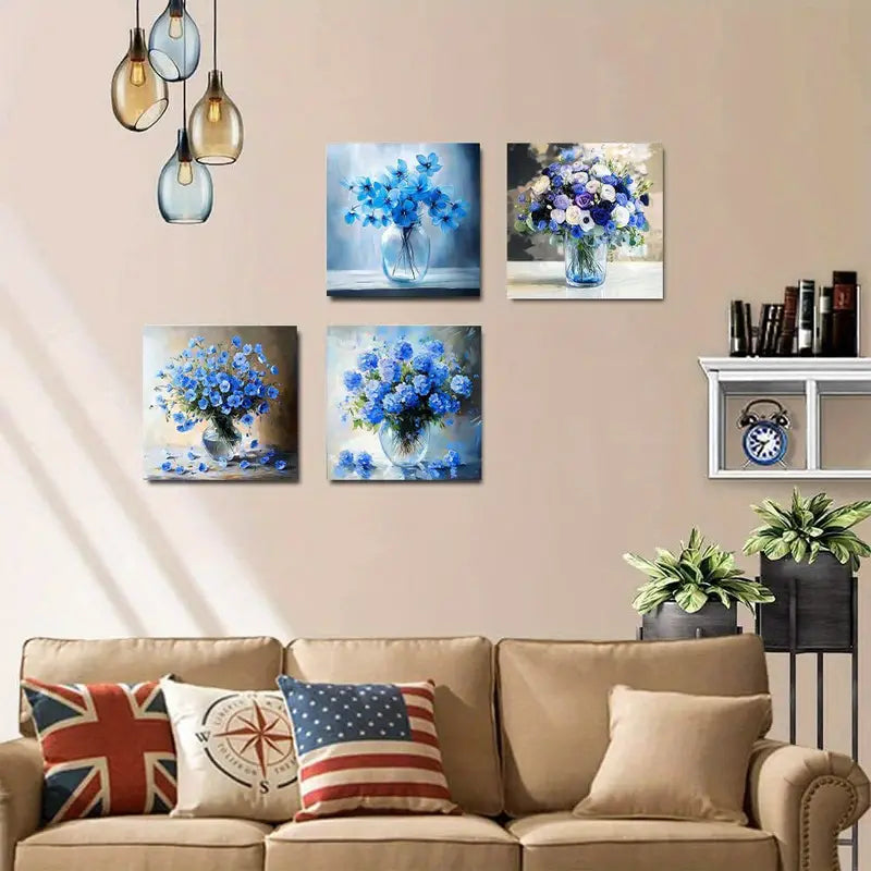 4pcs Elegant Blue & Purple Floral Canvas Wall Art Canvas Framed