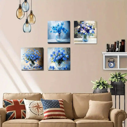 4pcs Elegant Blue & Purple Floral Canvas Wall Art Canvas Framed