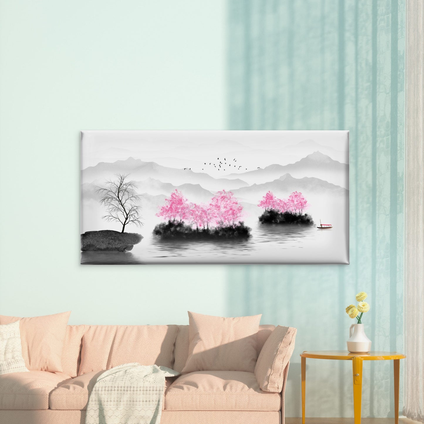 Serene Pink Blossom Landscape Wall Art Canvas Office Home Room Framed 120x60cm - Bella Home Decor