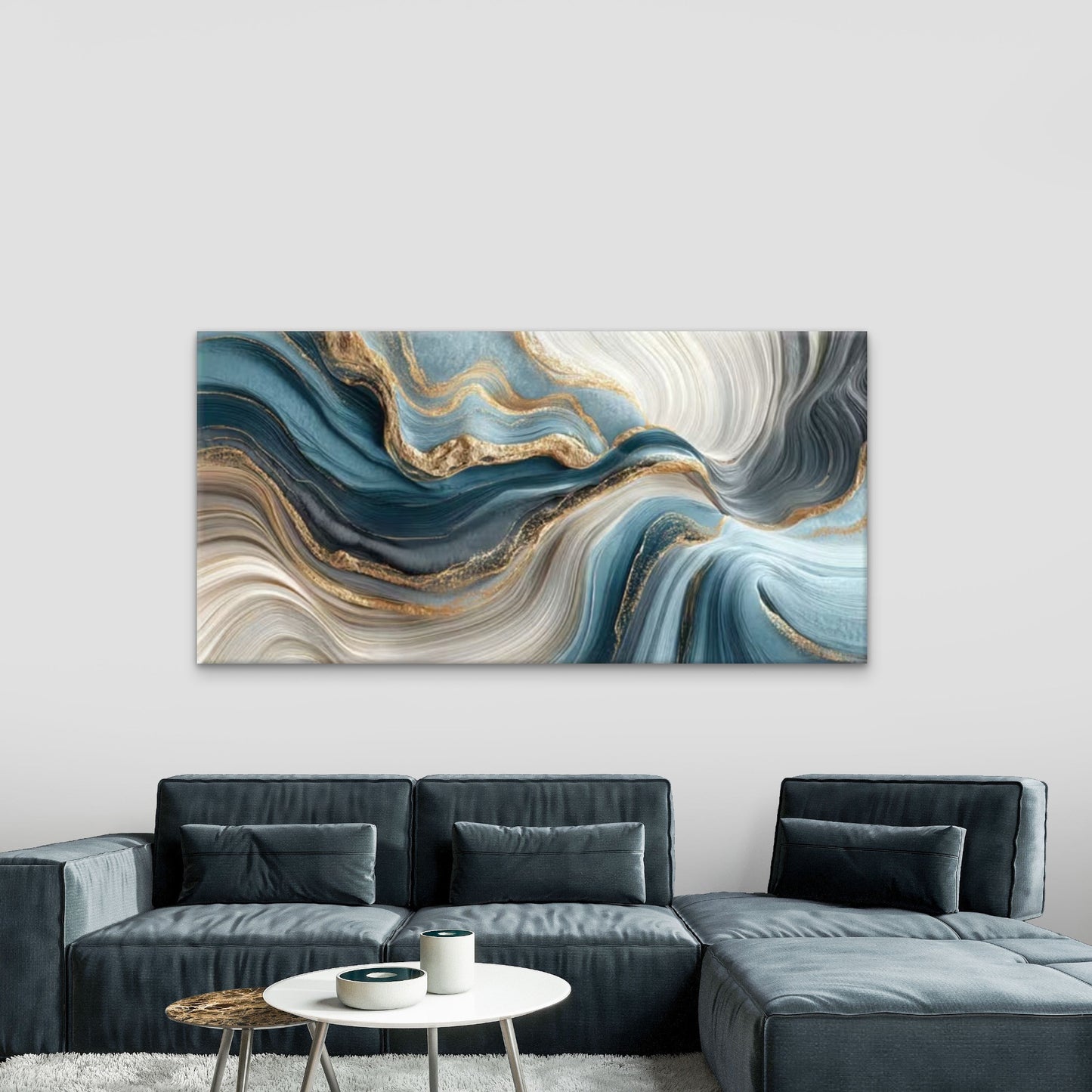 Abstract Geode Waves Blue Wall Art Canvas Office Home Room Framed 120x60cm