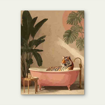 Stylish Tiger in a Pink Bathtub Metal Print Ready to Hang