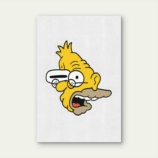 Elderly Yellow Cartoon Quirky Graphic 40x60cm Metal Print Ready to Hang