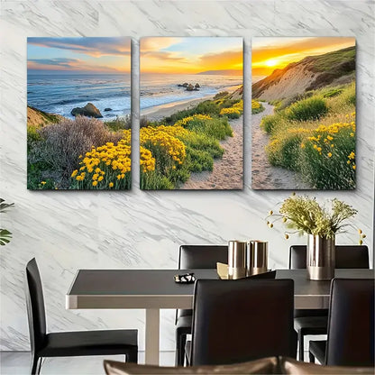 3pcs Golden Gate Sunset, Wildflowers & Cliffs Metal Print Ready to Hang Art - Bella Home Decor