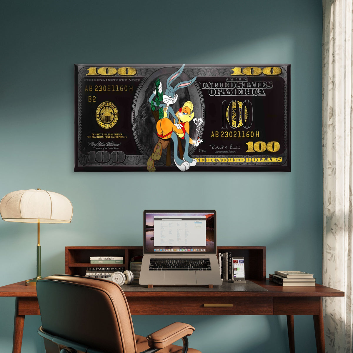 Rich Cartoon Rabbit Money Print Wall Art Canvas Office Home Room Framed 120x60cm