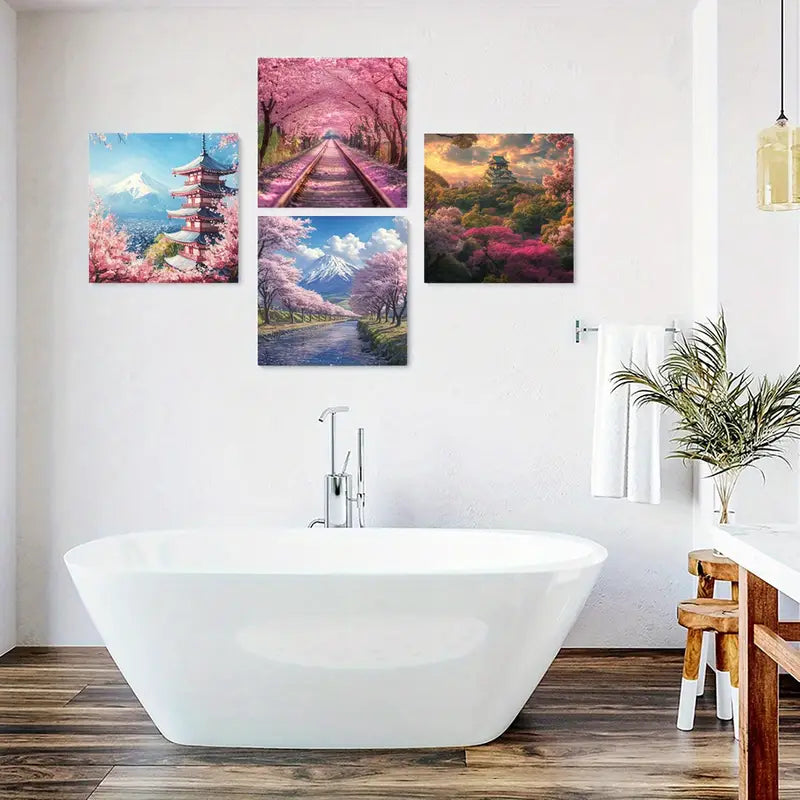 4pcs Mt. Fuji Posters, Cherry Blossom Wall Art Canvas Framed