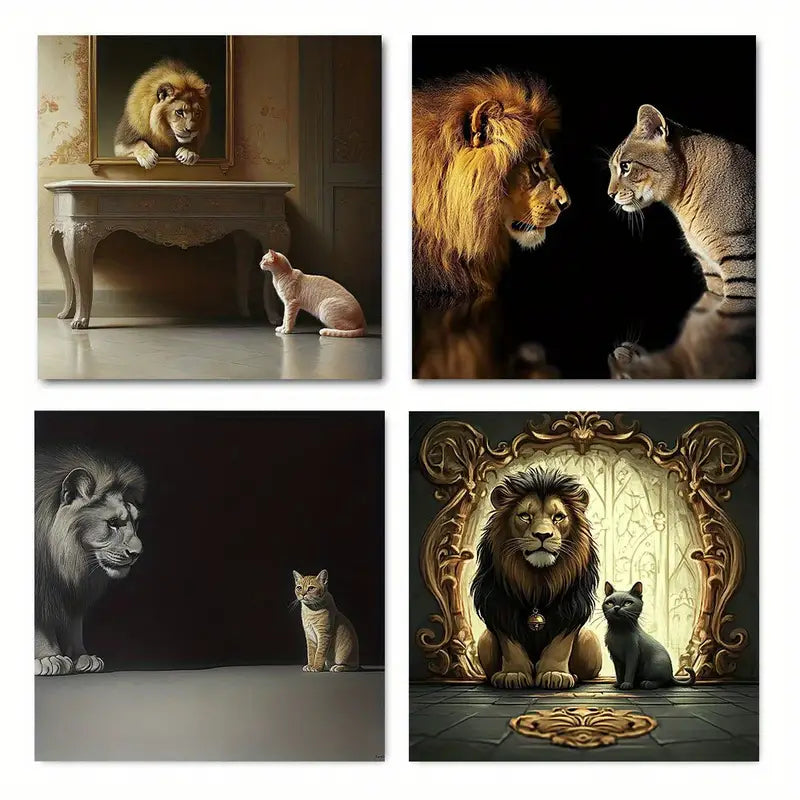 4pcs Lion & Cat Themed Elegant Wall Art Canvas Framed