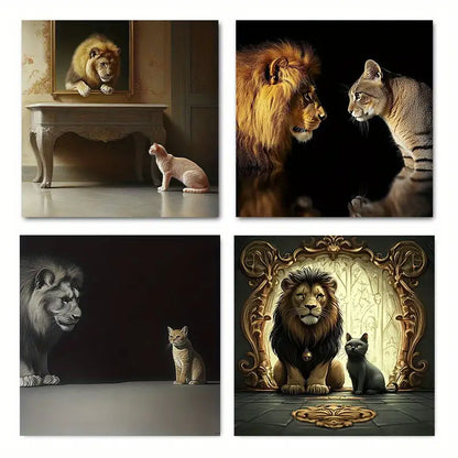 4pcs Lion & Cat Themed Elegant Wall Art Canvas Framed