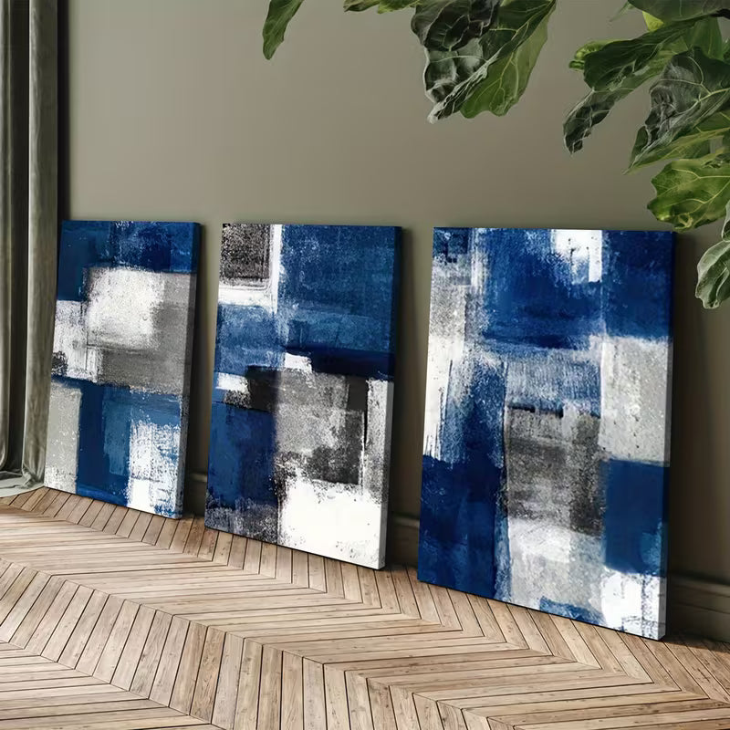 3pcs Navy Blue White Gray Black Beige Abstract  Wall Art Set Canvas Framed 40x60cm - High Quality Print 100% Australian Made Wall Canvas Ready to Hang