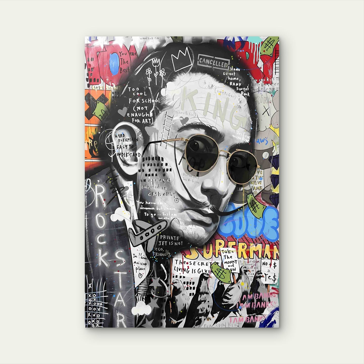 Avant-Garde Moustachioed Pop Culture 40x60cm Metal Print Ready to Hang - Bella Home Decor