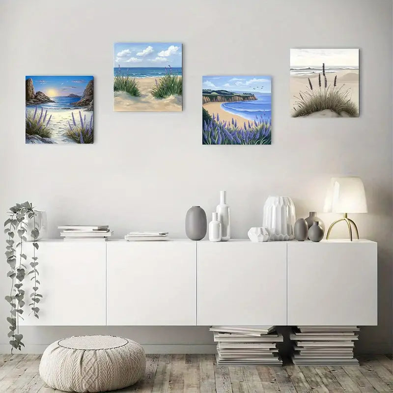 4pcs Beach & Ocean Scene With Floral Accent Wall Art Canvas Framed