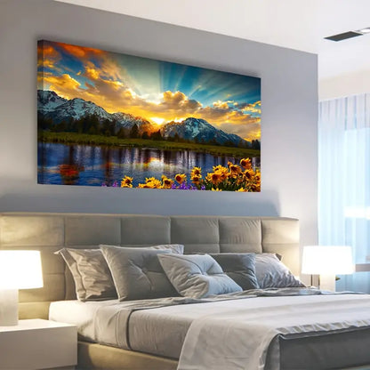 Sunset Mountain Sunflowers Lake Scenery Wall Art canvas office home room framed 120x60cm - Bella Home Decor