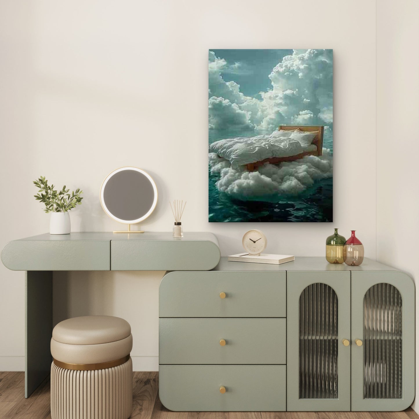 Bed Floating on Clouds Over Sea Metal Print Ready to Hang - Bella Home Decor