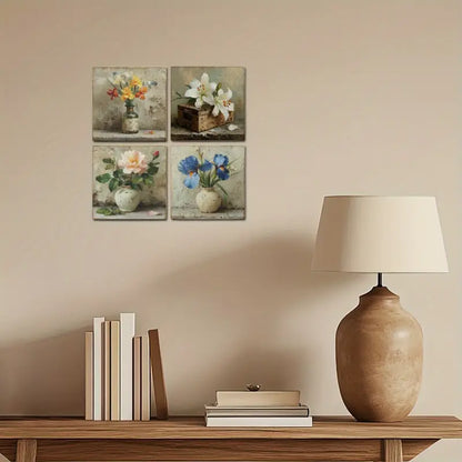 4pcs Garden - Artificial Flower Sign Wall Art Canvas Framed