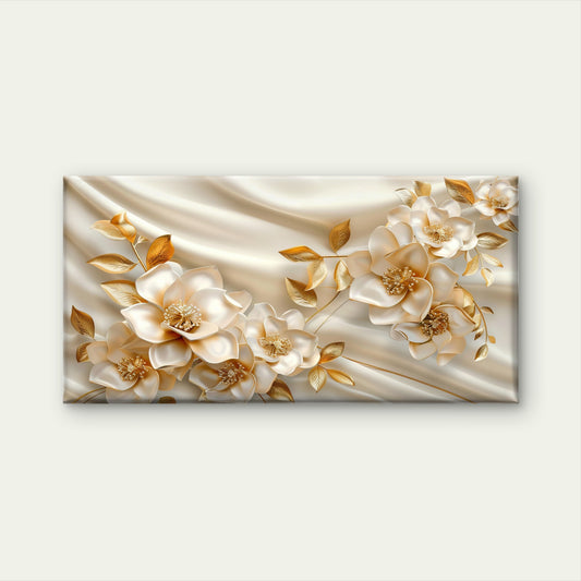 Golden Silken Floral Grace Wall Art Canvas Office Home Room Framed 120x60cm