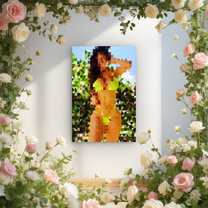 Woman Posing Among Green Foliage 60x90cm Metal Print Ready to Hang