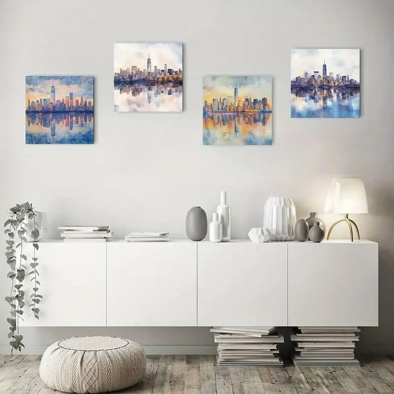 4pcs Abstract New York City skyline reflected Wall Art Canvas Framed