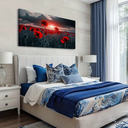 Red Field Poppies Sunset Wall Art canvas office home room framed 120x60cm - Bella Home Decor