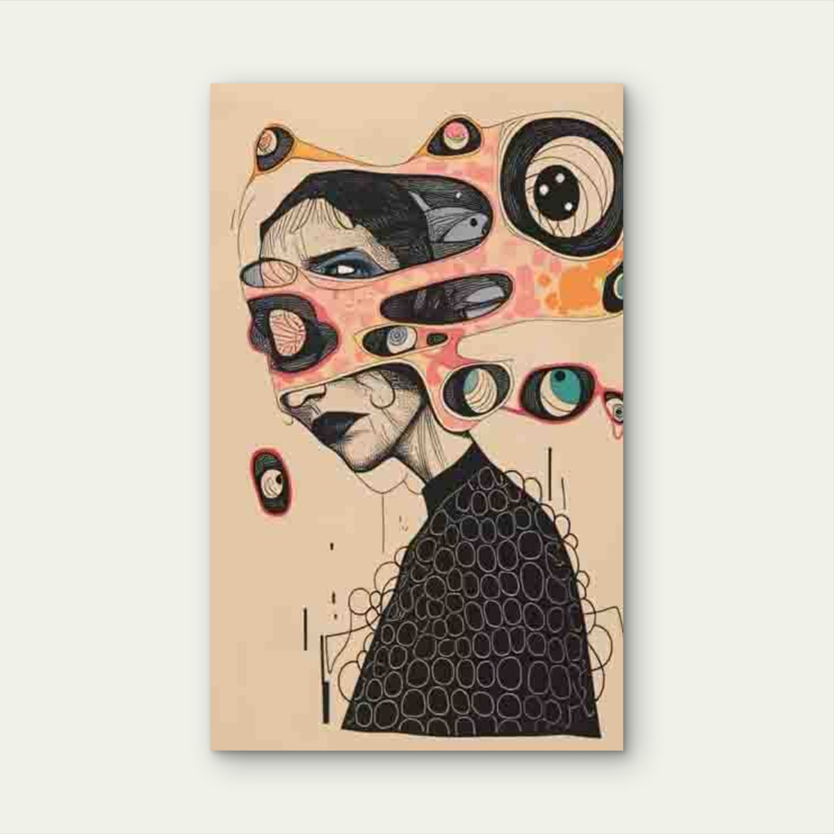 Abstract Black Figures & Multicolored Eyes Metal Print Ready to Hang