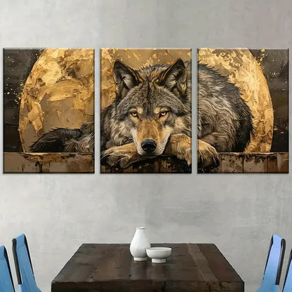 3pcs Light Luxury Modern Golden Wolf Animal Wall Art Canvas Unframed - High Quality Print 100% Australian Made Wall Canvas