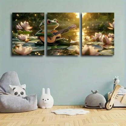 3pcs Charming Frog Guitarist Canvas Metal Print Ready to Hang Art - Bella Home Decor