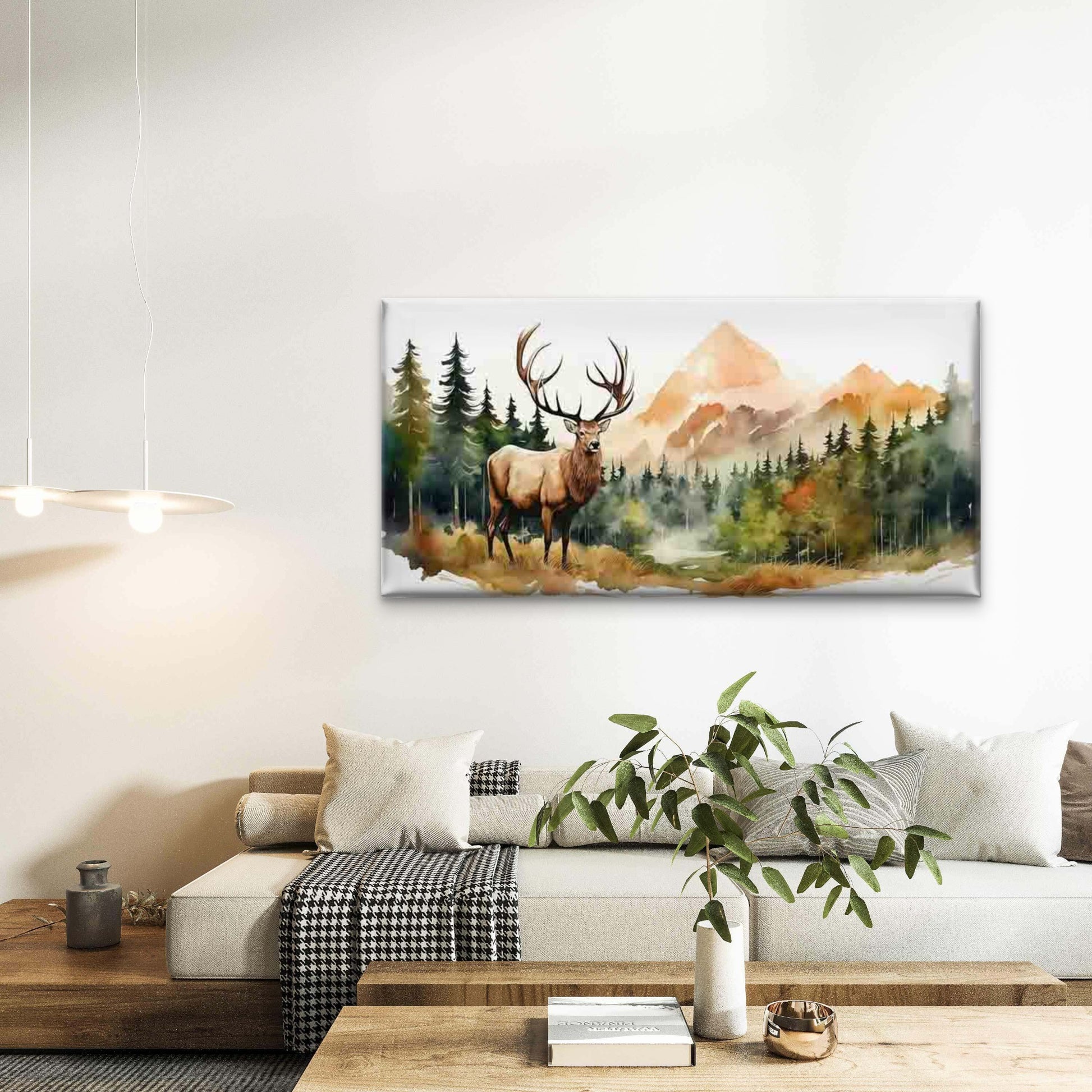 Deer in a Forest Mountain Scen Wall Art Canvas Office Home Room Framed 120x60cm - Bella Home Decor