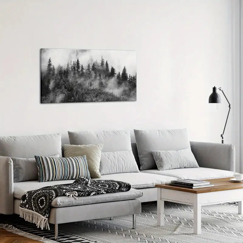 Foggy Mountain Black And White Nature Forest Wall Art canvas office home room framed 120x60cm