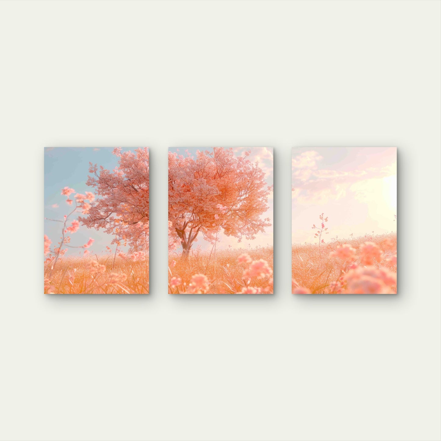 3pcs Lone Cherry Blossom Tree in a Sunlit Spring Metal Print Ready to Hang Art