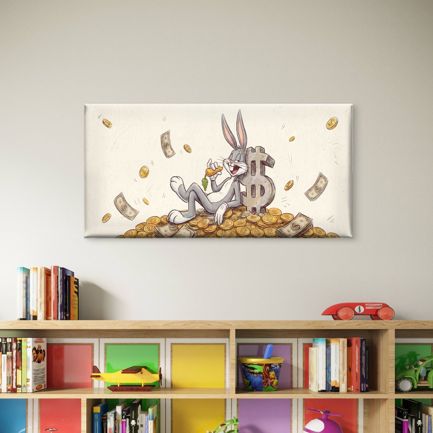 Golden Money Rabbit Sketch Wall Art Canvas Office Home Room Framed 120x60cm - Bella Home Decor