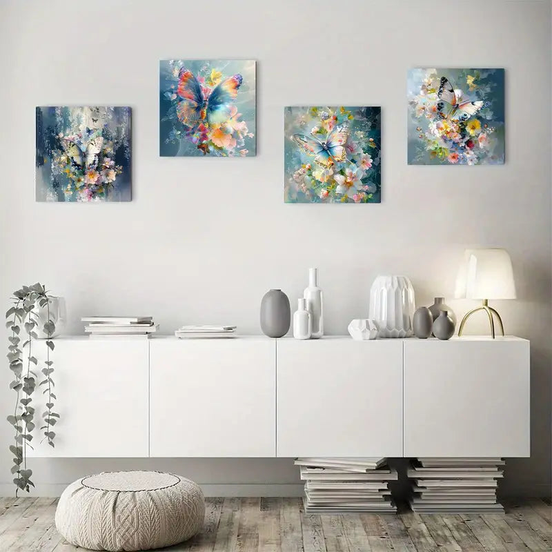 4pcs Vibrant Butterfly & Flower Canvas Wall Art Canvas Framed