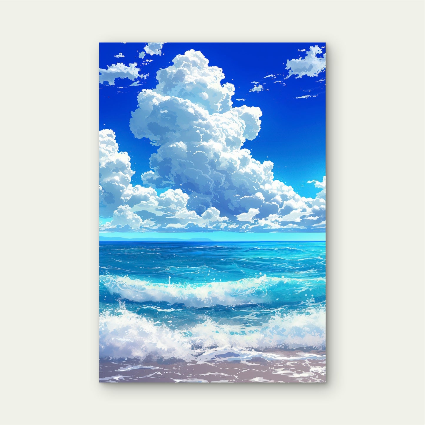 Anime Sky Ocean Blue Waves Beach Scenery 40x60cm Metal Print Ready to Hang