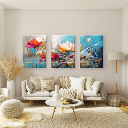 3pcs Abstract Floral Teal Blue Gold Flower Wall Art Set Canvas Framed 40x60cm - High Quality Print 100% Australian Made Wall Canvas Ready to Hang