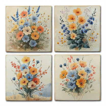 4pcs  Blooming Poppy Flowers Yellow And Blue Wall Art Canvas Framed