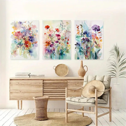 3pcs Vibrant Floral Watercolor Canvas Metal Print Ready to Hang Art
