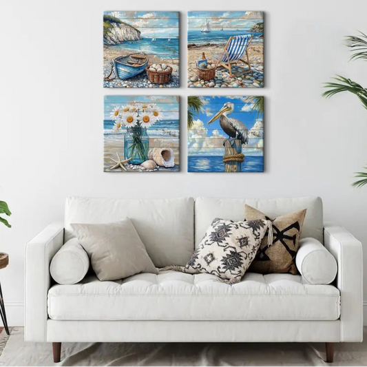 4pcs Vintage Pelican, Mason Jar Daisy,Boat & Sea Wall Art Canvas Framed