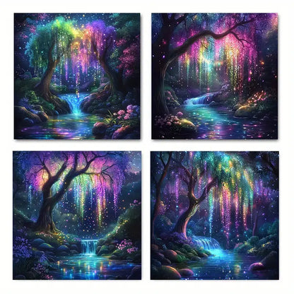 4pcs Enchanting Forest With Colorful Light Wall Art Canvas Framed