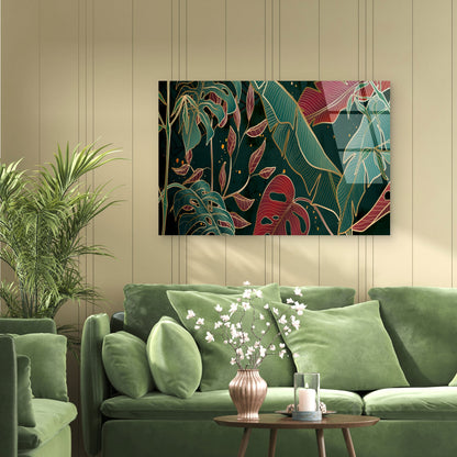 Abstract Tropical Gold Line Foliage Acrylic Glass Printing Wall Art Australian Made Quality