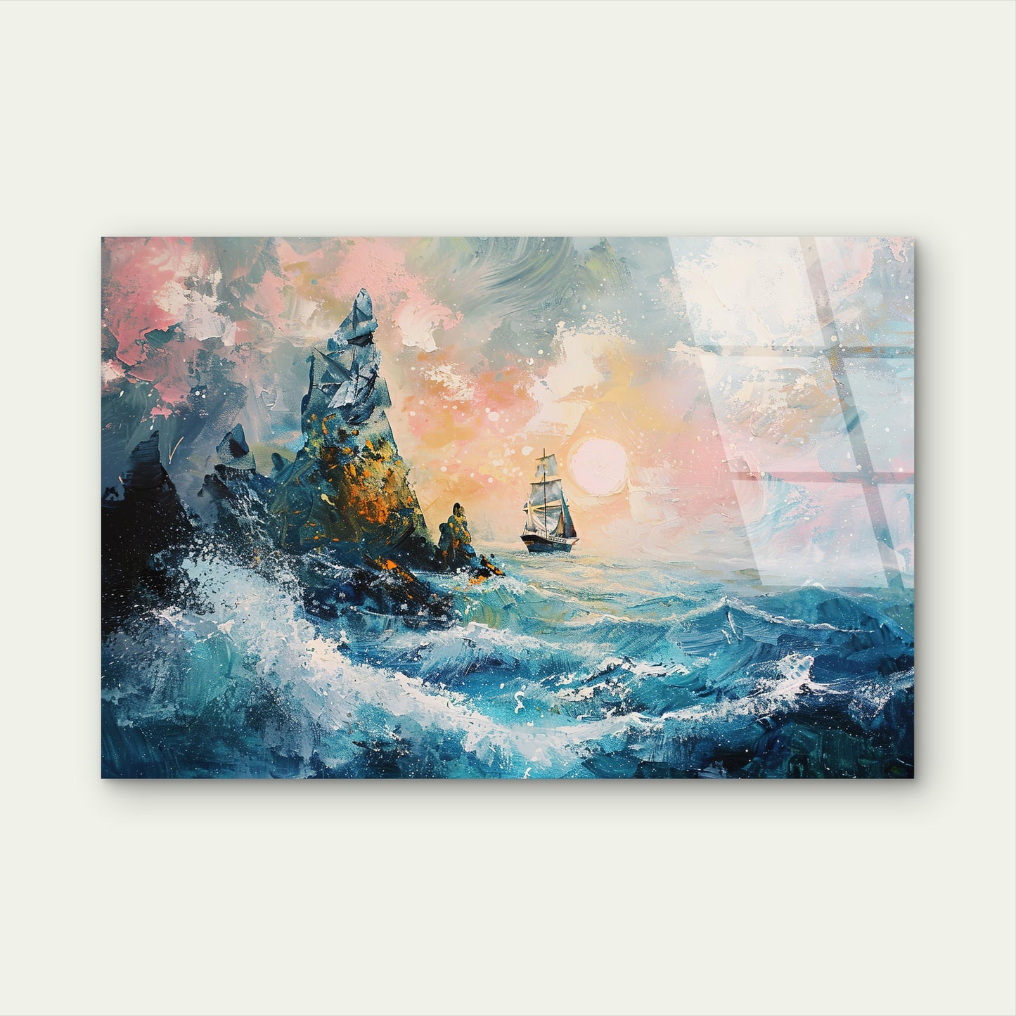 Stormy Ocean Waves Tall Rock Formations Sailing Ship Sunset Oil Painting Texture Acrylic Glass Printing Wall Art Australian Made Quality
