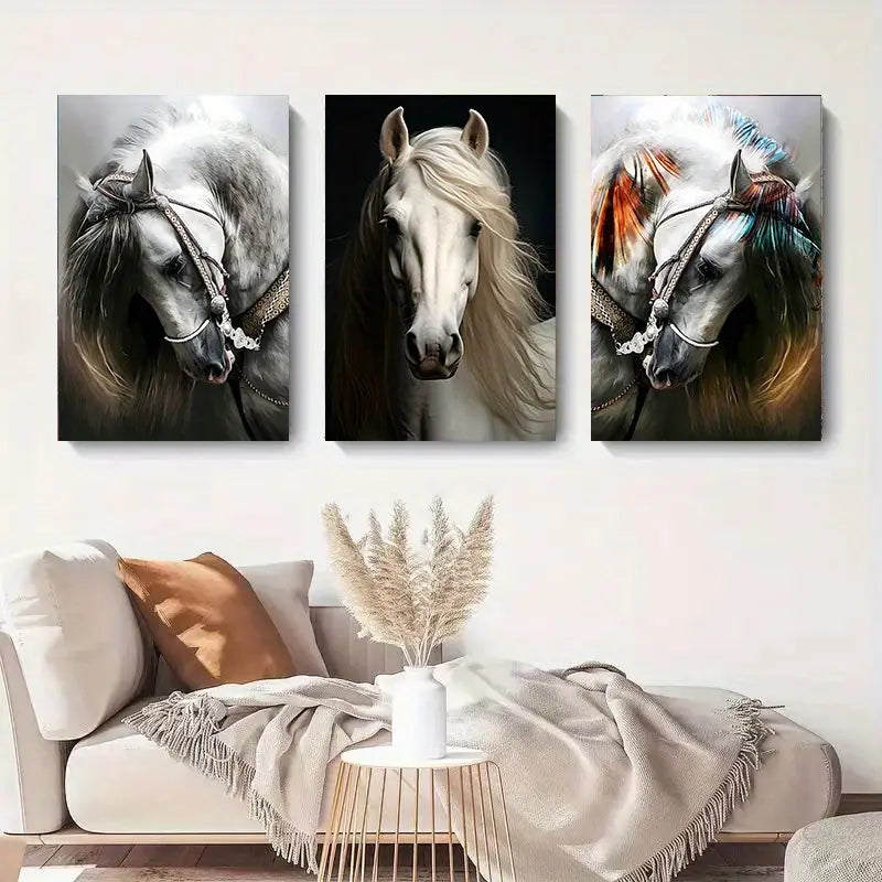 3pcs Black & White & Grey-Brown Mane Horses Metal Print Ready to Hang Art - Bella Home Decor