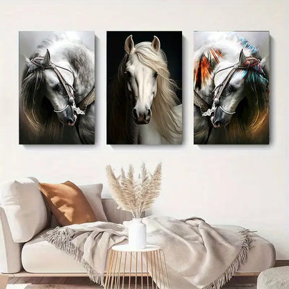 3pcs Black & White & Grey-Brown Mane Horses Metal Print Ready to Hang Art - Bella Home Decor