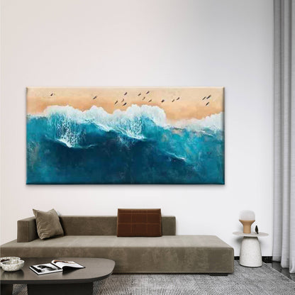 Aerial Ocean Waves Sandy Beach Wall Art Canvas Office Home Room Framed 120x60cm - Bella Home Decor