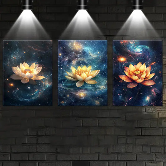 3pcs Watercolor Magical for Lotus Painting Metal Print Ready to Hang Art