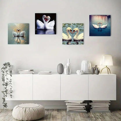 4pcs Elegant Two Swans In Pond Wall Art Canvas Framed
