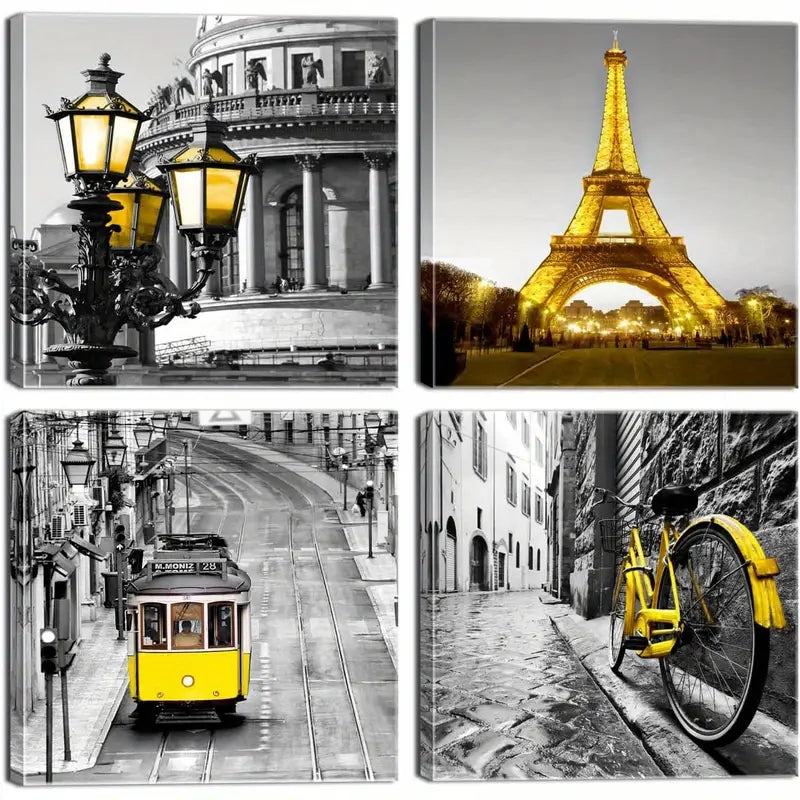 4pcs Vintage Tram & Charming Black and White   Wall Art Canvas Framed - Bella Home Decor