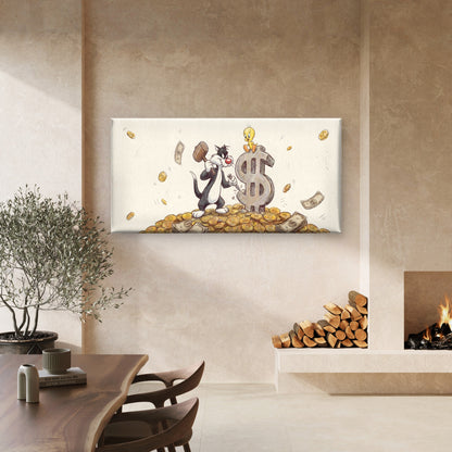 Black Cat & Yellow Bird Money Wall Art Canvas Office Home Room Framed 120x60cm - Bella Home Decor
