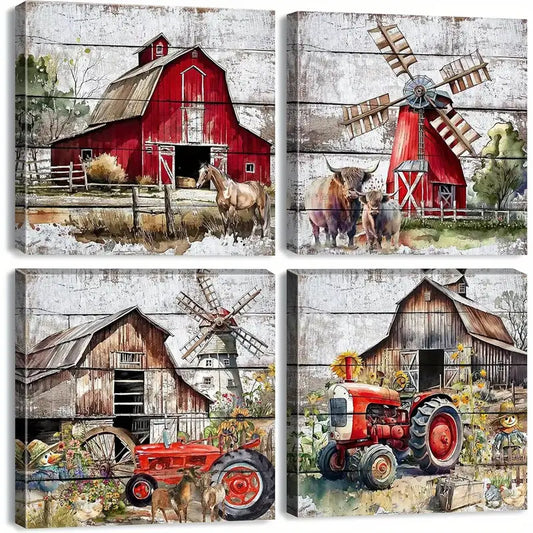 4pcsWatercolor Cattle, Horses, Windmill & Tractor Wall Art Canvas Framed