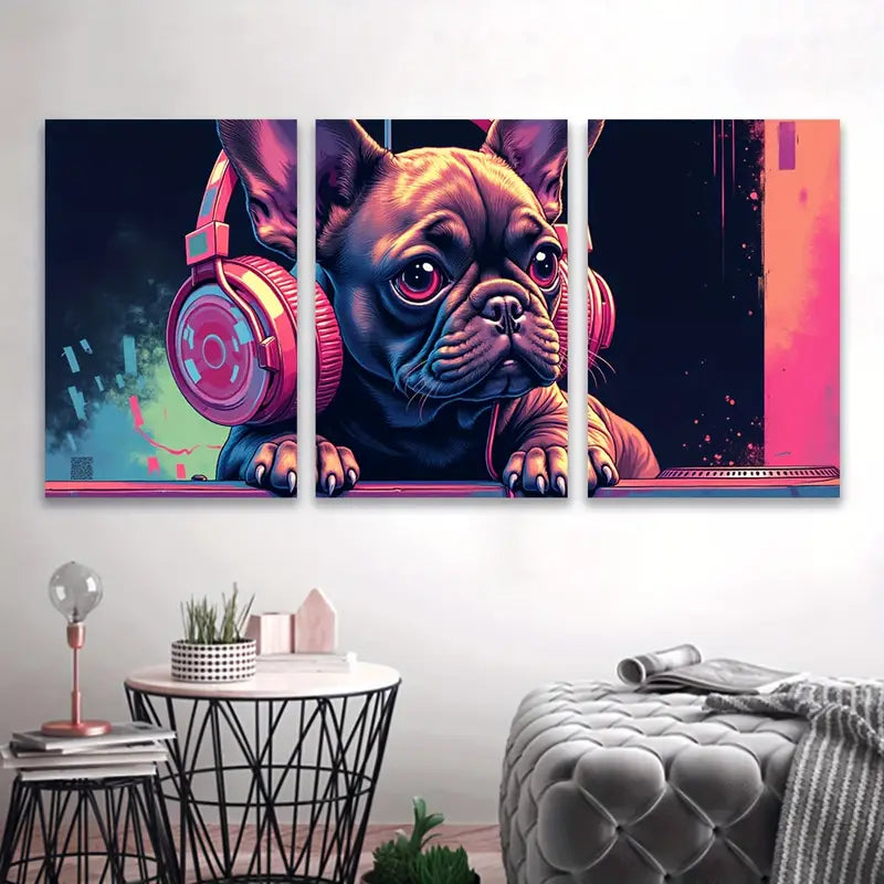 3pcs French Bulldog with Headphones Art Wall Art Set Canvas Framed 60x90cm - High Quality Print 100% Australian Made Wall Canvas Ready to Hang - Bella Home Decor