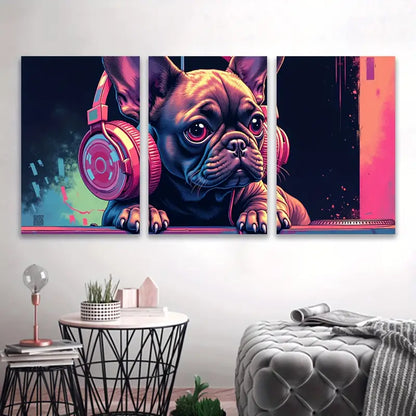 3pcs French Bulldog with Headphones Art Wall Art Set Canvas Framed 50x70cm - High Quality Print 100% Australian Made Wall Canvas Ready to Hang - Bella Home Decor
