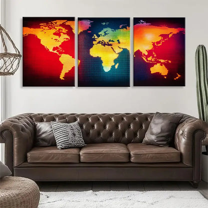 3pcs Geometric World Map Wall Art Set Metal Print Ready to Hang Art - Bella Home Decor