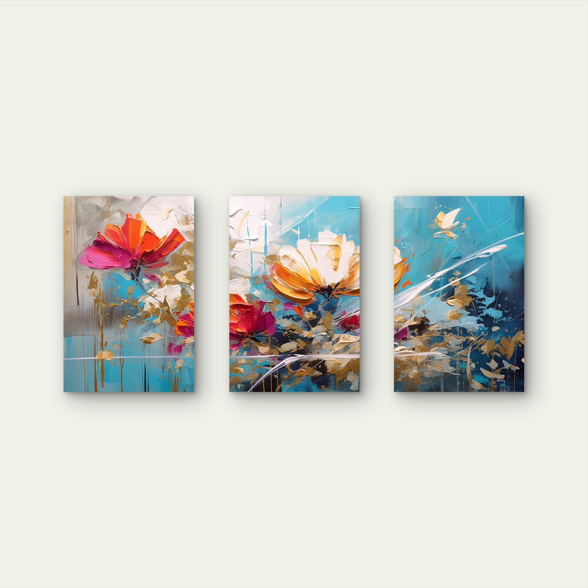 3pcs Abstract Floral Teal Blue Gold Flower Wall Art Set Canvas Framed 40x60cm - High Quality Print 100% Australian Made Wall Canvas Ready to Hang