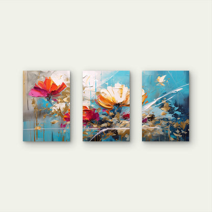 3pcs Abstract Floral Teal Blue Gold Flower Wall Art Set Canvas Framed 40x60cm - High Quality Print 100% Australian Made Wall Canvas Ready to Hang